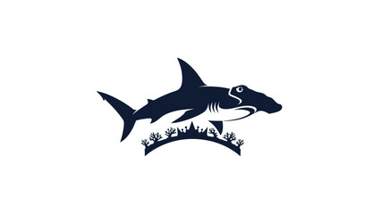 Stylized hammerhead shark swimming above coral reef.