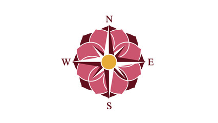 A stylized compass rose with floral elements and cardinal directions.