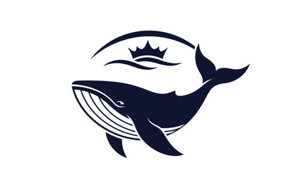 Stylized blue whale with a crown and ocean waves.