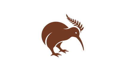 Brown kiwi bird with fern motif on white background