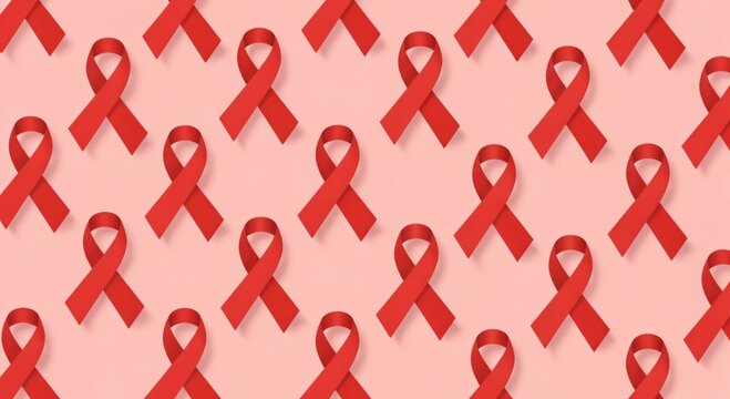 Seamless pattern of red awareness ribbons on a light pink background, symbolizing support and solidarity for various health causes like AIDS and heart disease.