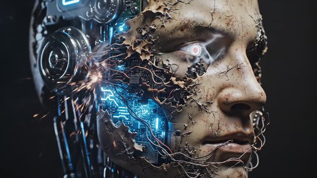 Cracked Robot Face with Sparks - Close-up of a damaged humanoid robot's face with cracked synthetic skin revealing internal mechanical workings and sparking wires.