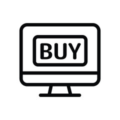 Minimalist computer monitor icon featuring a BUY button, representing online shopping, digital purchasing, e-commerce platforms, and instant checkout actions