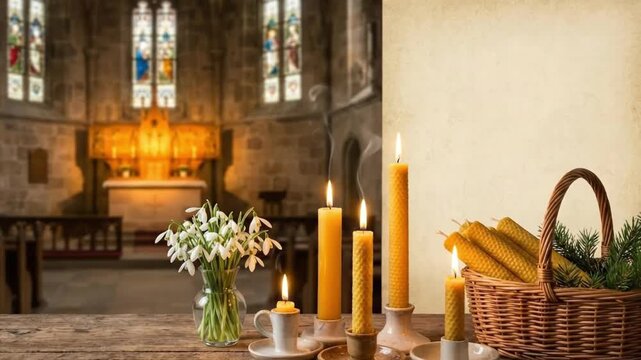 A serene and thoughtfully arranged still life composition features a cluster of delicate white snowdrop flowers in a clear glass vase, radiating freshness and new beginnings. Adjacent to these, severa