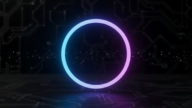 Illuminated neon ring portal with blue and pink gradient on dark background. - Powered by Adobe