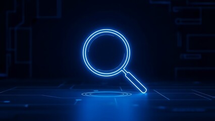 Futuristic digital search neon magnifying glass exploring cyberspace data network.