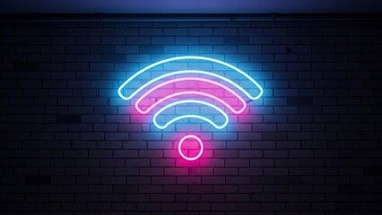 Vibrant neon wi-fi signal glowing in blue and pink on a dark brick wall background.