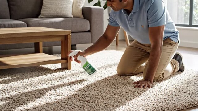 Man Applying Carpet Spray - A homeowner is shown on his knees, applying a hypoallergenic carpet spray to a textured carpet.