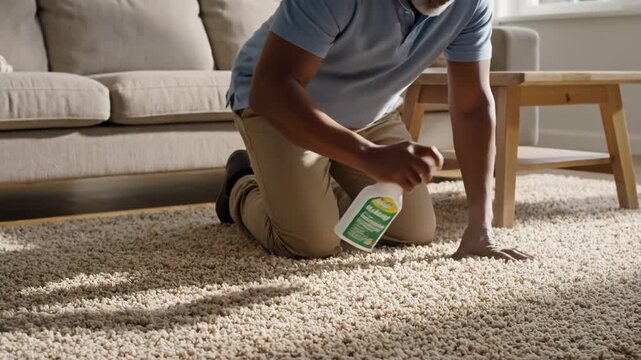 Homeowner Using Hypoallergenic Carpet Spray - A homeowner applies hypoallergenic carpet spray to a textured carpet to reduce dust mite and pet dander buildup.
