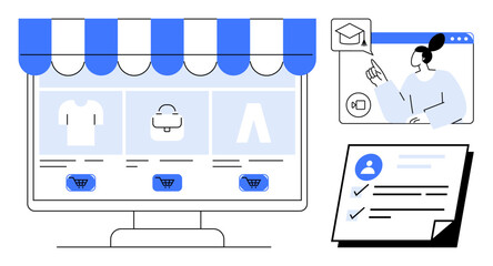 Computer screen with e-commerce site, online class instructor with graduation cap, and document checklist. Ideal for education, e-commerce, certification, digital marketing, online platforms