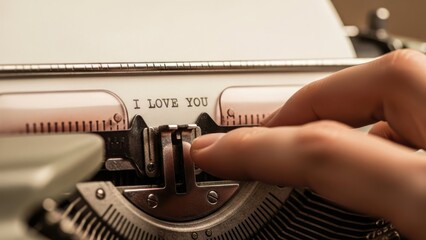 Hand typing 'I LOVE YOU' message on vintage typewriter