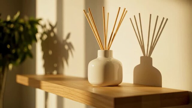 Minimalist Home Decor with Reed Diffuser - A white reed diffuser sits on a simple wooden shelf, casting elongated shadows in the warm natural light streaming through a window.
