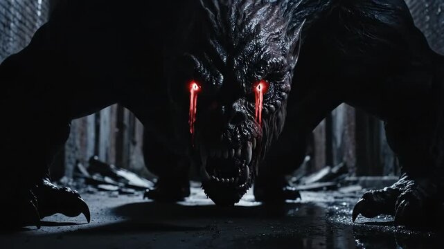 Monster in Shadow Approaching - This video depicts a terrifying monster in a shadowy environment, with glowing red eyes.