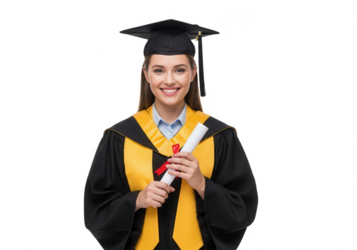 Young Woman Graduate Holding Diploma Wearing Cap and Gown. - Powered by Adobe