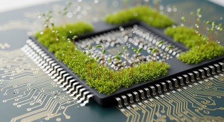 Green Technology Concept - Microchip Integrated with Lush Vegetation.