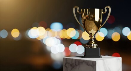 Shiny golden trophy cup on a marble pedestal with a blurred city lights bokeh background at night, symbolizing success and achievement