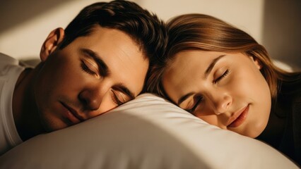 Peaceful young couple sleeping together on a pillow, bathed in warm morning sunlight