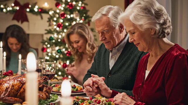 Senior Couple Praying at Christmas Dinner - A senior man and woman are holding hands and praying with their family at a Christmas holiday dinner.