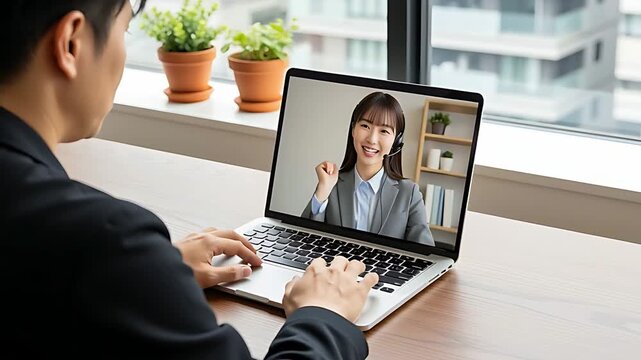 ビジネス パソコン ビデオチャット 接続 コミュニケーション 男性 会議 オフィス