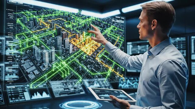Technician Strategizing Power Distribution in Urban Area - A technician interacts with a digital display showing a 3D model of a city.
