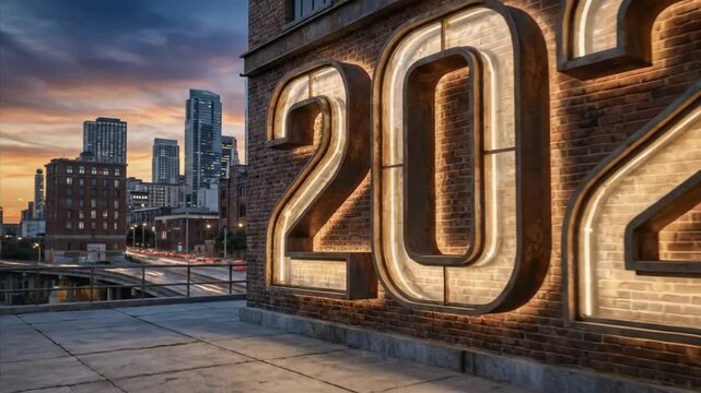 A striking display of large, illuminated digits '2022' stands proudly against a textured brick building in a dynamic urban setting. The numbers, crafted with a vintage industrial style and glowing wit