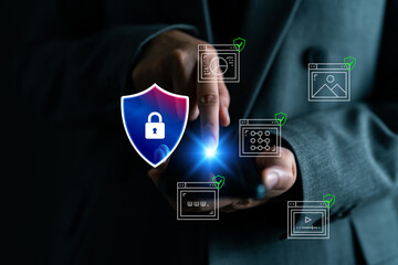 Cybersecurity concept showing hand using smartphone with digital shield icon and secure website elements. Data privacy, protection, internet safety, and secure communication technology.