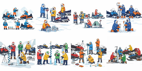 Scientific team performs ice core drilling and research in the polar environment using snowmobiles for expedition and sample collection. © Muqodimatul