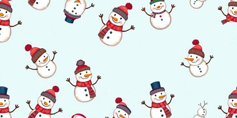 Hand-drawn seamless pattern of cute snowmen on a pastel blue background, snowmen, illustration