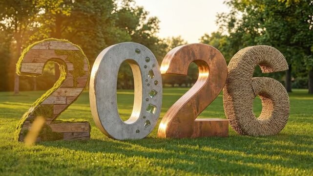 A striking three-dimensional rendering of the year "2026" stands prominently on a lush green lawn, bathed in the soft, warm glow of late afternoon sunlight. Each digit is uniquely textured with differ