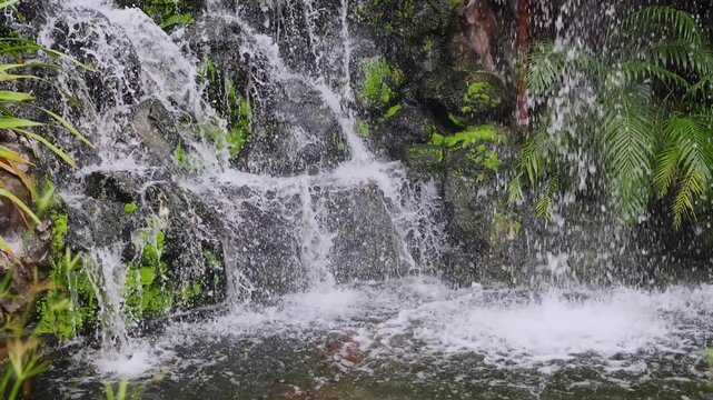 Garden Waterfall, Natural waterfall flowing over moss covered rocks with lush green plants, creating a refreshing and relaxing atmosphere. Ideal for travel, nature, and spa footage