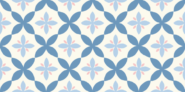 Bold Delft geometric flower seamless pattern in hand-drawn style