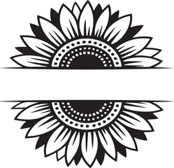 Sunflower mandala split frame for initial letter or monogram wedding invitation on clean background