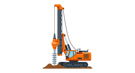 Orange drilling machine with rotating auger bit drilling into the ground on a construction site, heavy machinery for excavation and foundation building