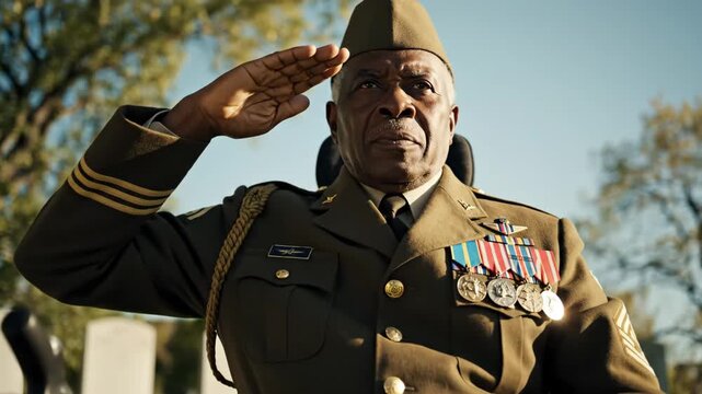 Veteran Saluting in Military Uniform - This video depicts an African American veteran in a wheelchair, wearing a military coat adorned with medals.