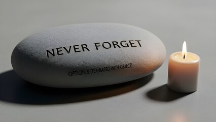 Commemorate history with a 'Never Forget' engraved stone and a softly burning memorial candle, evoking remembrance and solemn reflection.