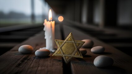 A single lit candle and a Star of David with smooth stones on a rustic wooden surface evoke remembrance and solemn reflection