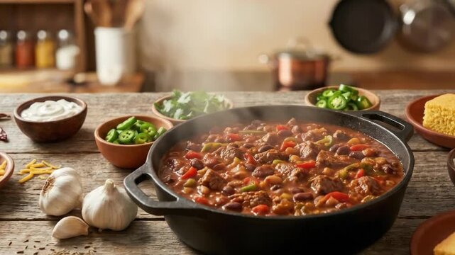 A tantalizing overhead shot captures a steaming cast iron pot filled with a hearty stew, rich with beans, meat, and vibrant vegetables, served on a rustic wooden kitchen table. Wisps of steam rise fro