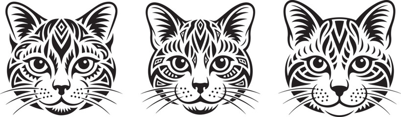 Obraz premium Three black and white tribal cat head illustrations with unique intricate patterns and detailed features