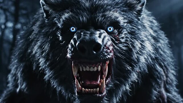 Snarling Werewolf with Glowing Eyes - A terrifying werewolf with glowing blue eyes snarls, baring its sharp teeth and fangs in a menacing display.