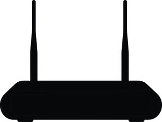 Black silhouette illustration of a wireless WiFi router with antennas for network technology, internet connectivity, communication devices, digital infrastructure, and tech concepts