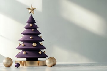 Stylized purple holiday decoration sits atop a metallic base with golden ornaments nearby