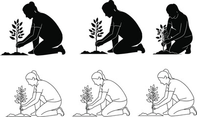 Silhouettes and line-art illustrations of a woman planting a young tree, representing environmental care, sustainability, gardening activities, nature conservation, and ecological responsibility.