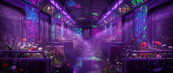 Graffiti art in an urban subway train with flowers on the seats