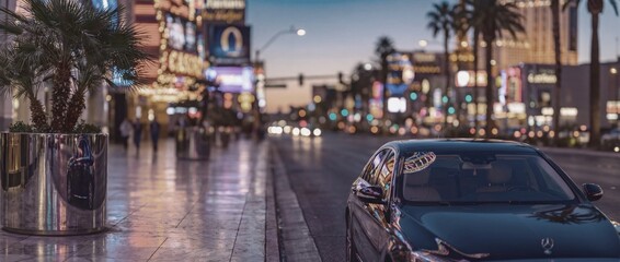 Night view of a car parked on a busy street in Las Vegas