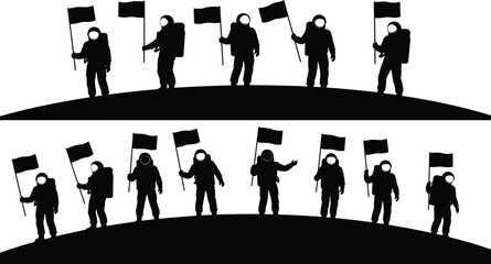 Silhouettes of astronauts standing on a planetary surface holding flags, symbolizing space exploration, discovery, mission success, cosmic adventure, futuristic science, and outer space achievement. © Biplob Creatives