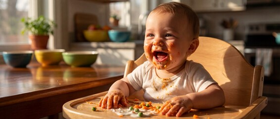 Baby enjoys messy meal in high chair at home during daytime