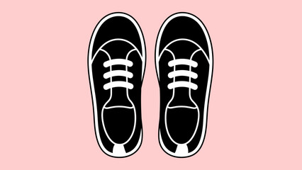 Black Sneakers Top View – Casual Lace-Up Shoes Illustration on Pink Background