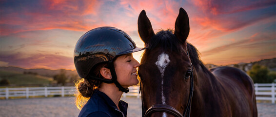 Woman shares moment with horse at sunset in open field