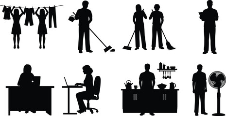 Silhouettes of people doing various household chores and daily activities, including cleaning, cooking, working, and organizing, representing routine tasks and home life