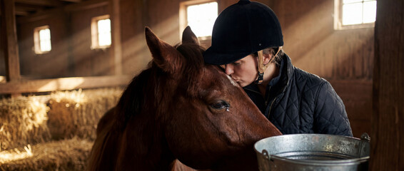 Person shares moment with horse in stable at afternoon